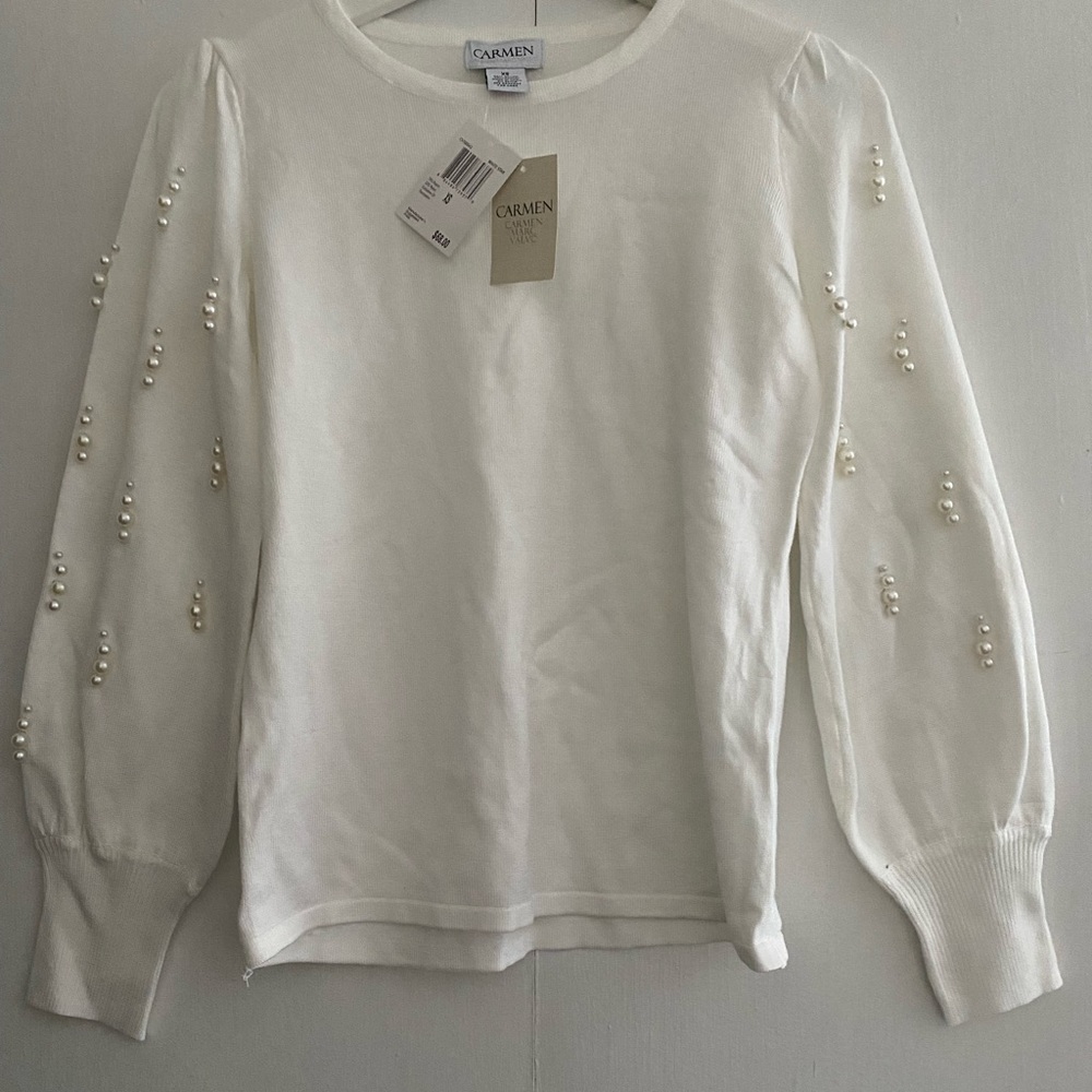 Carmen Marc Valvo Women’s Ivory Lightweight Knit Sweater Pearl Sleeves NWT